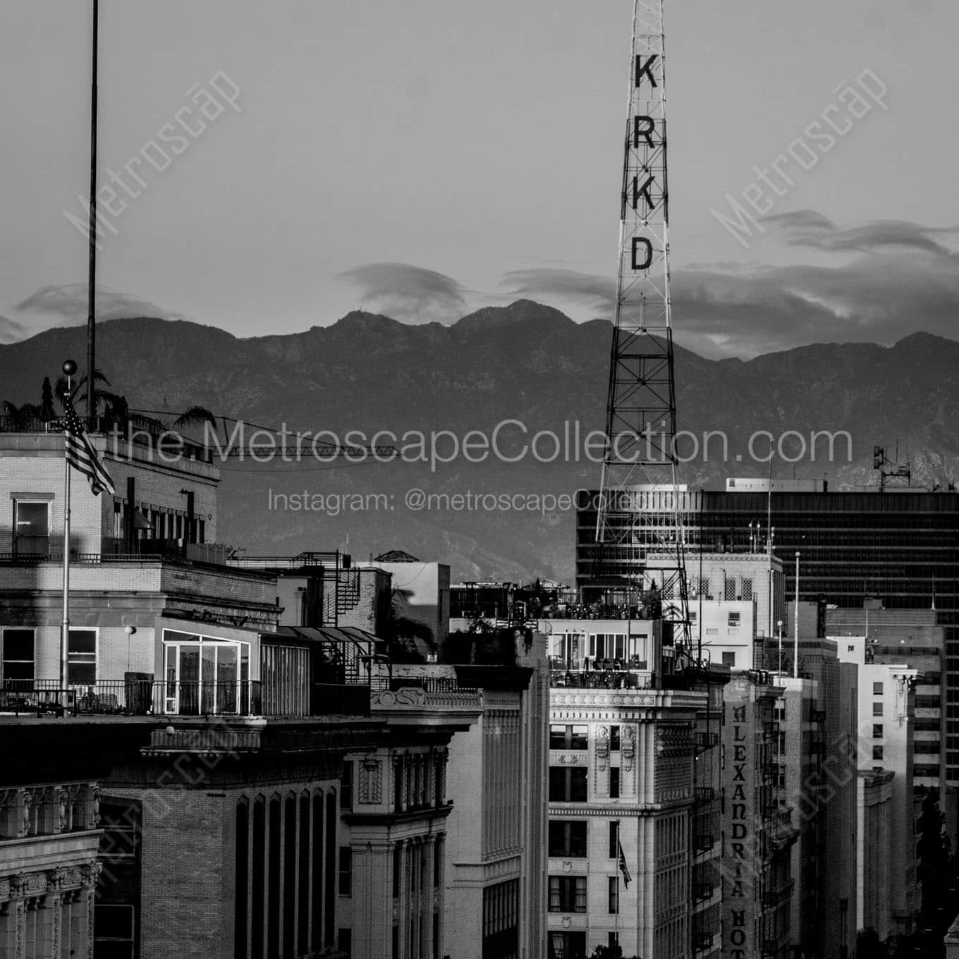 krkd tower downtown los angeles san gabriel mountains Black & White Office Art
