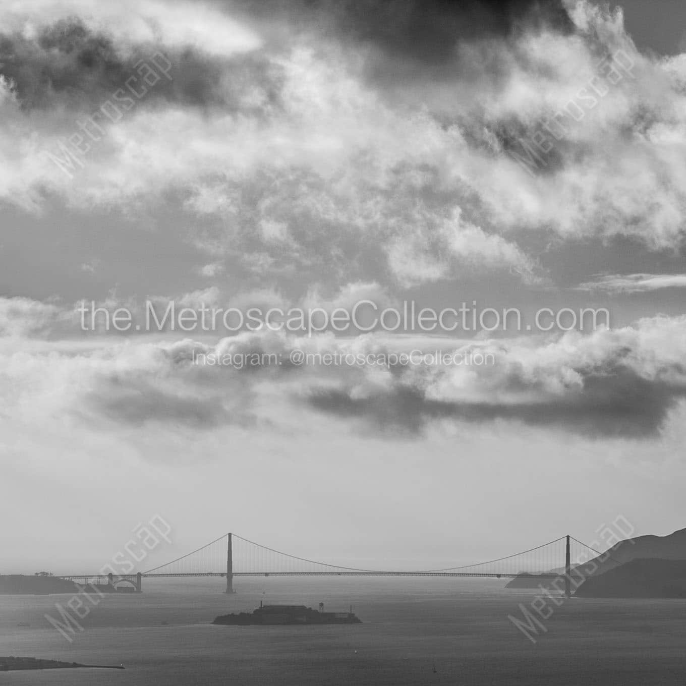 alcatraz and golden gate bridge mist and clouds Black & White Office Art