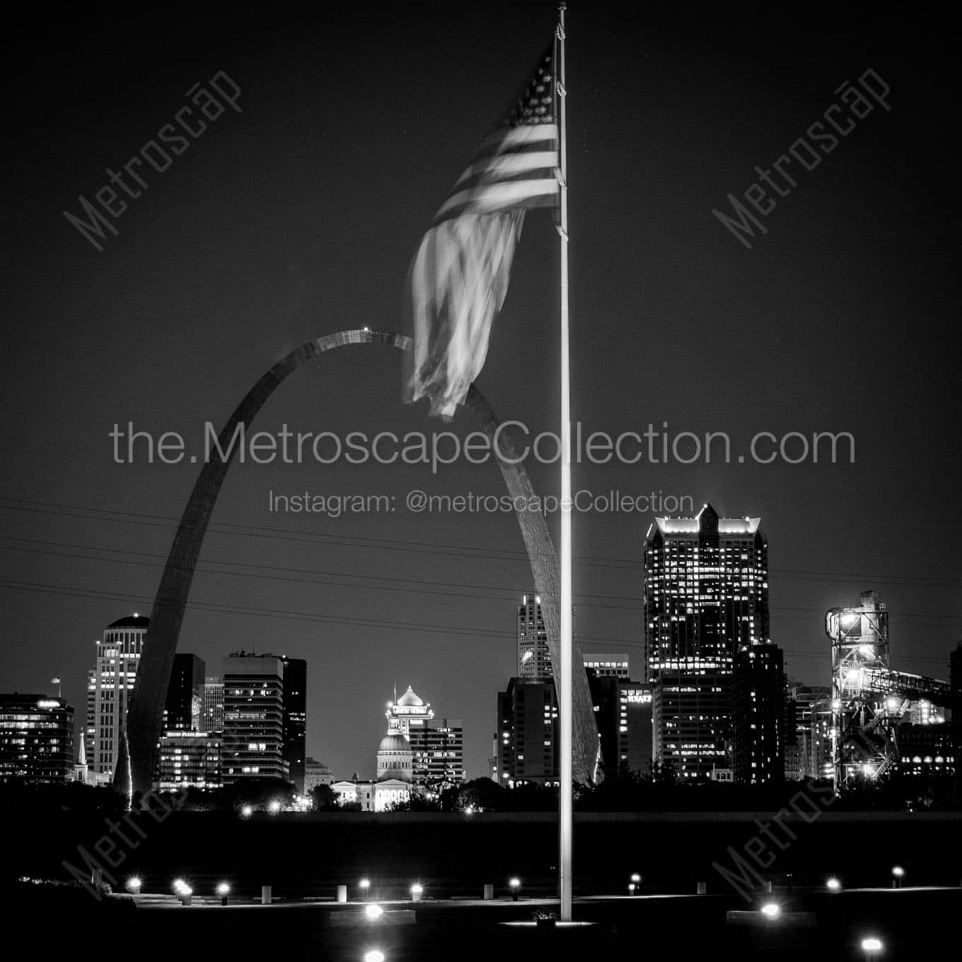 american flag st louis arch at night Black & White Office Art