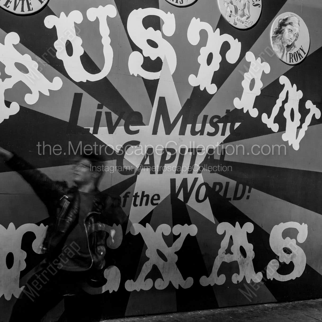 austin live musica capitlal world mural Black & White Office Art