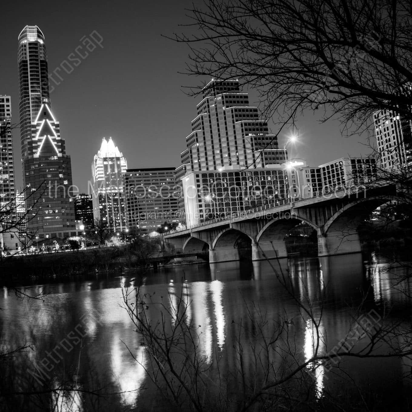 austin skyline and congress ave bridge Black & White Office Art