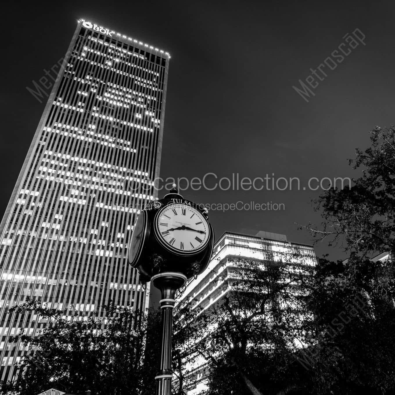 bank of oklahoma building at night Black & White Office Art