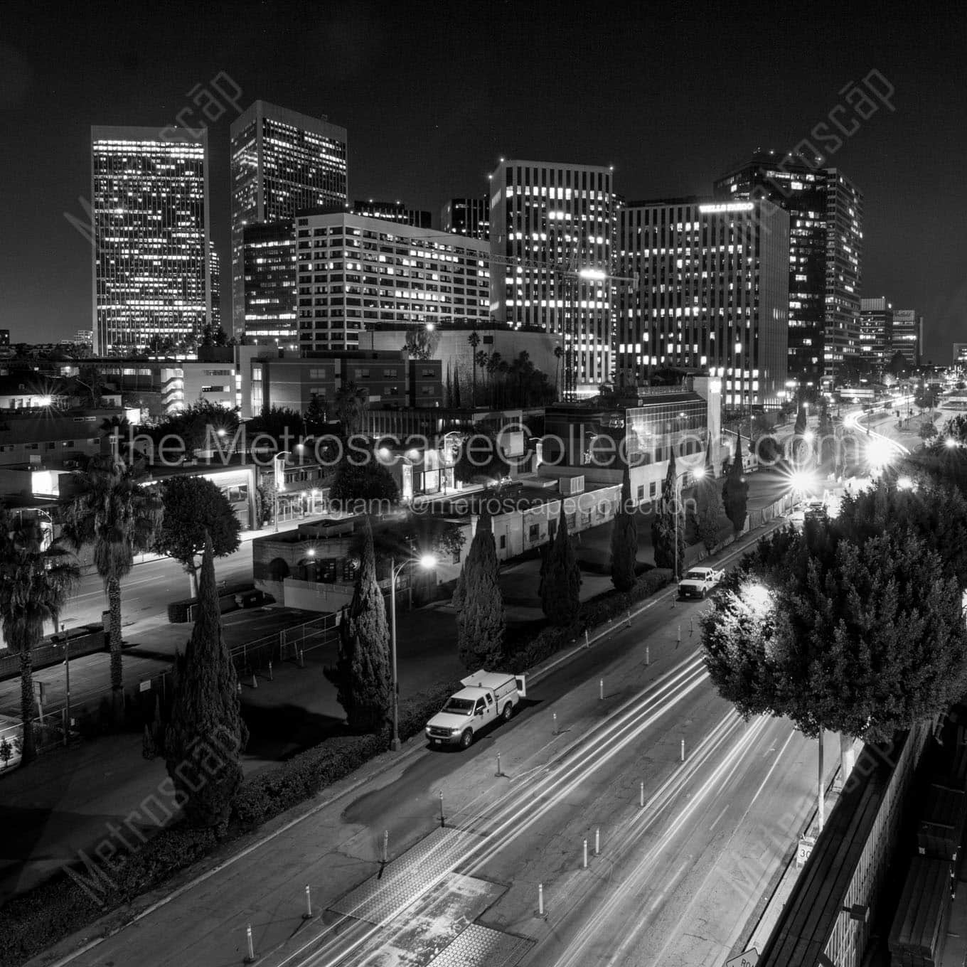 century city skyline at night beverly hilton Black & White Office Art