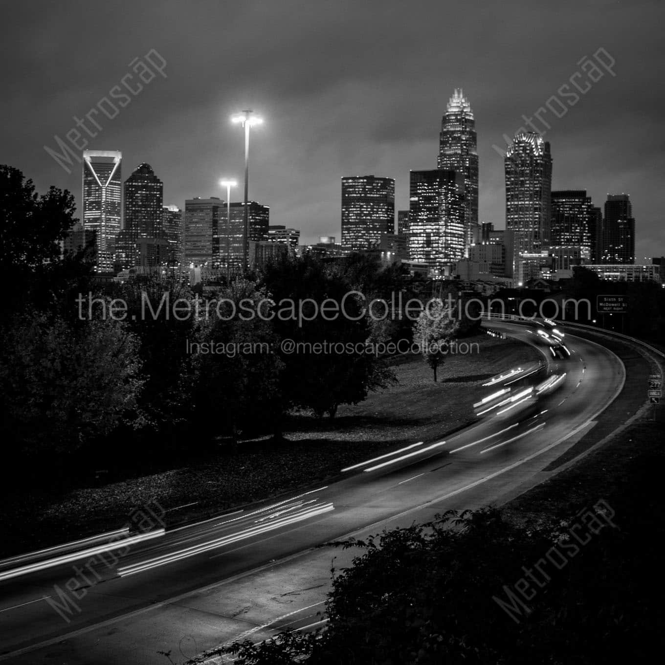charlotte city skyline at night Black & White Wall Art