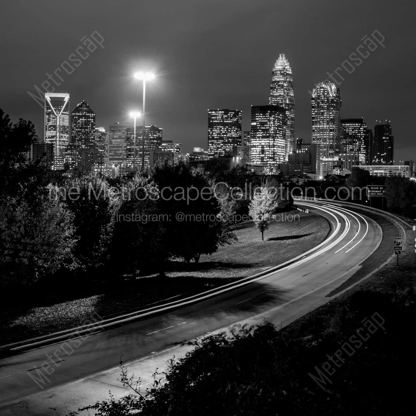 charlotte city skyline night Black & White Office Art