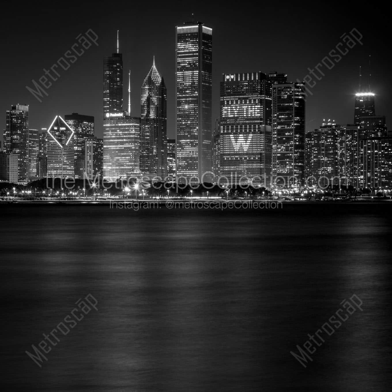 chicago skyline at night 2016 world series Black & White Office Art