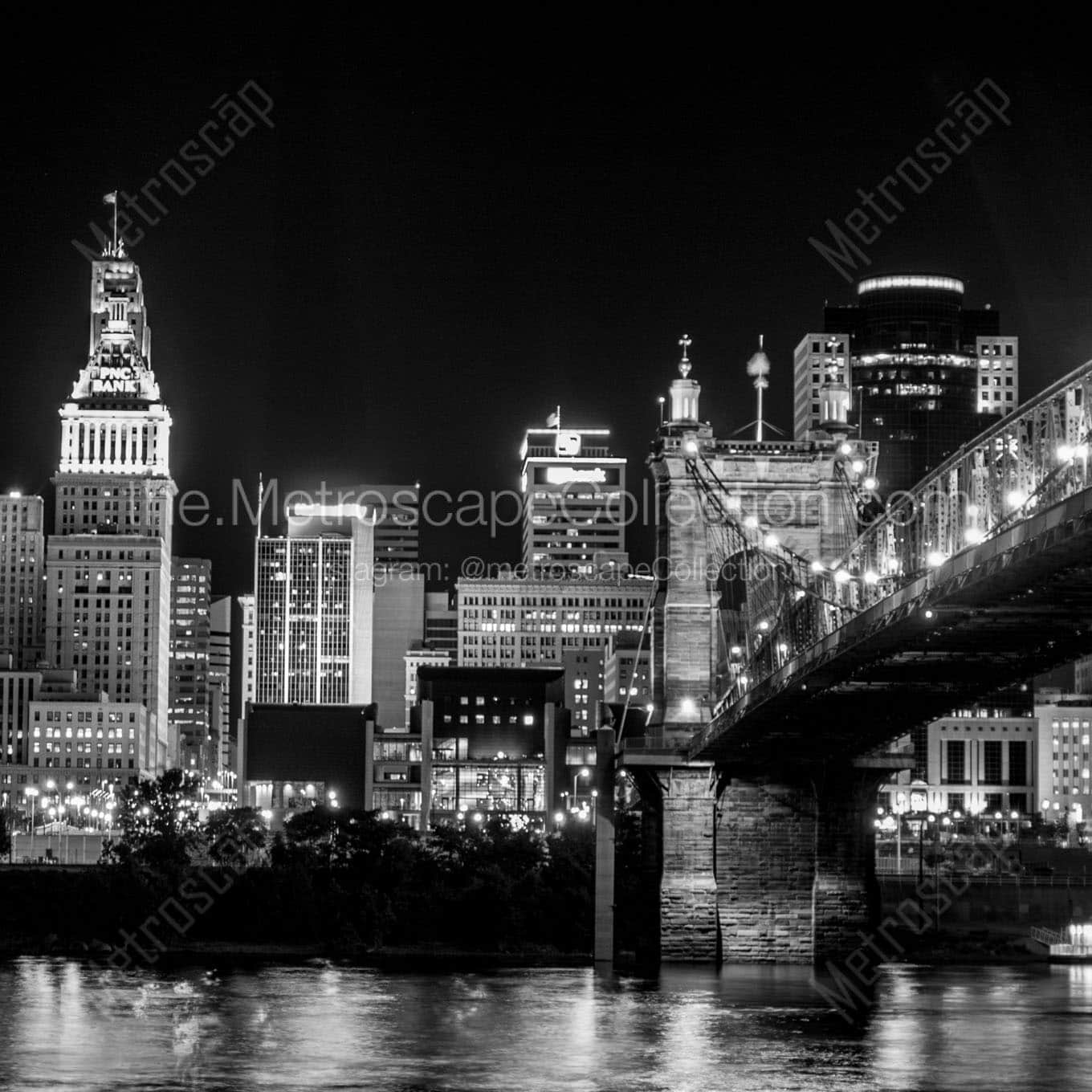 cincinnati skyline covington with roebling bridge Black & White Office Art