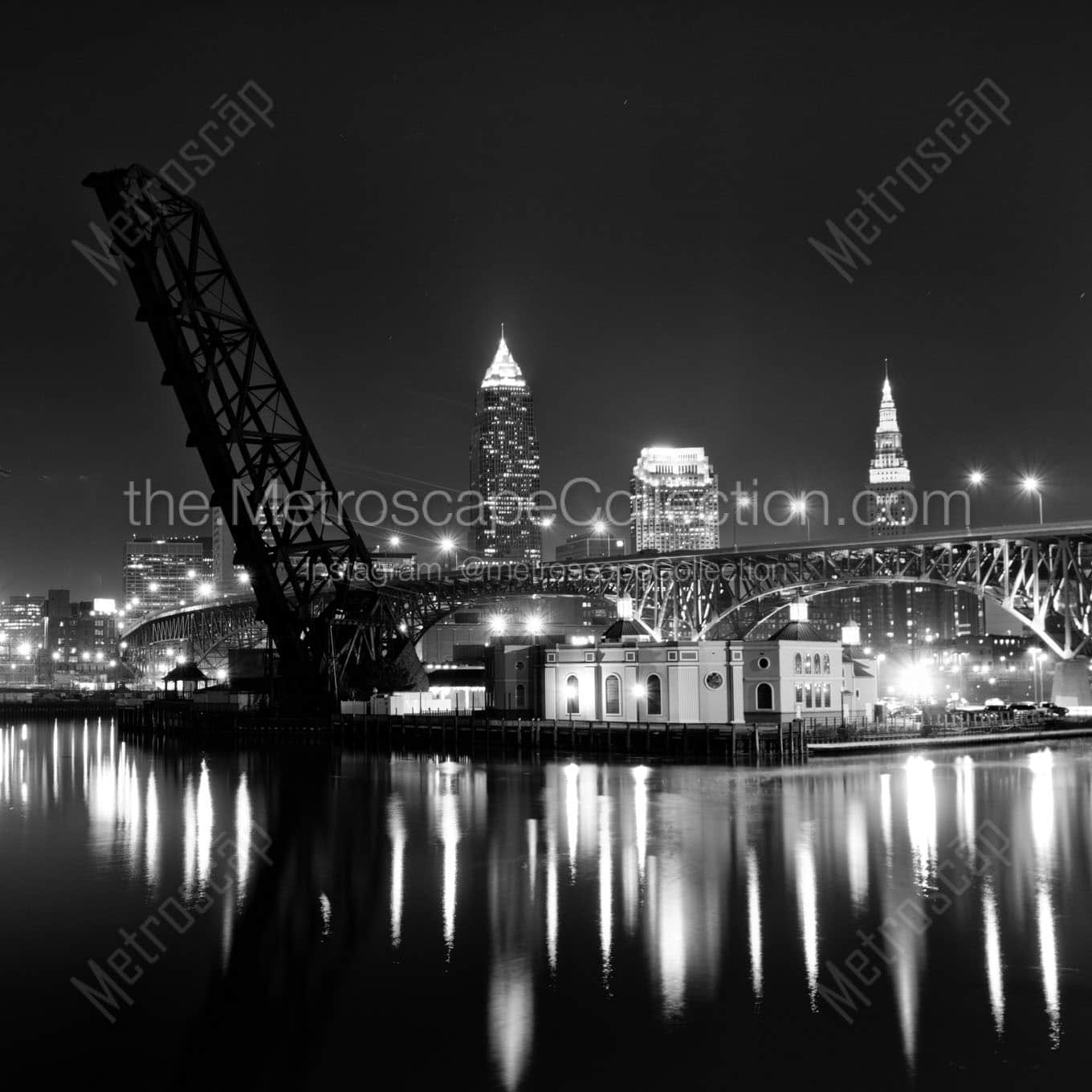 cleveland ohio skyline at night lake erie Black & White Office Art