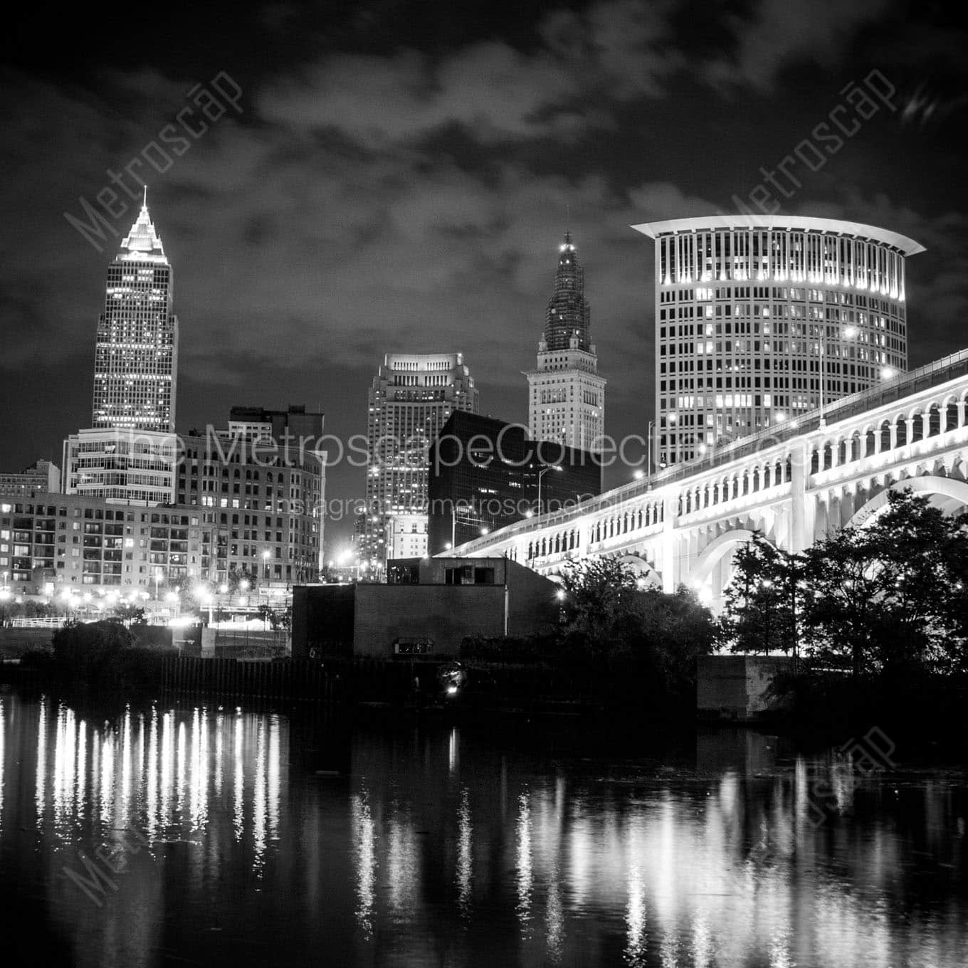 cleveland skyline at night Black & White Office Art