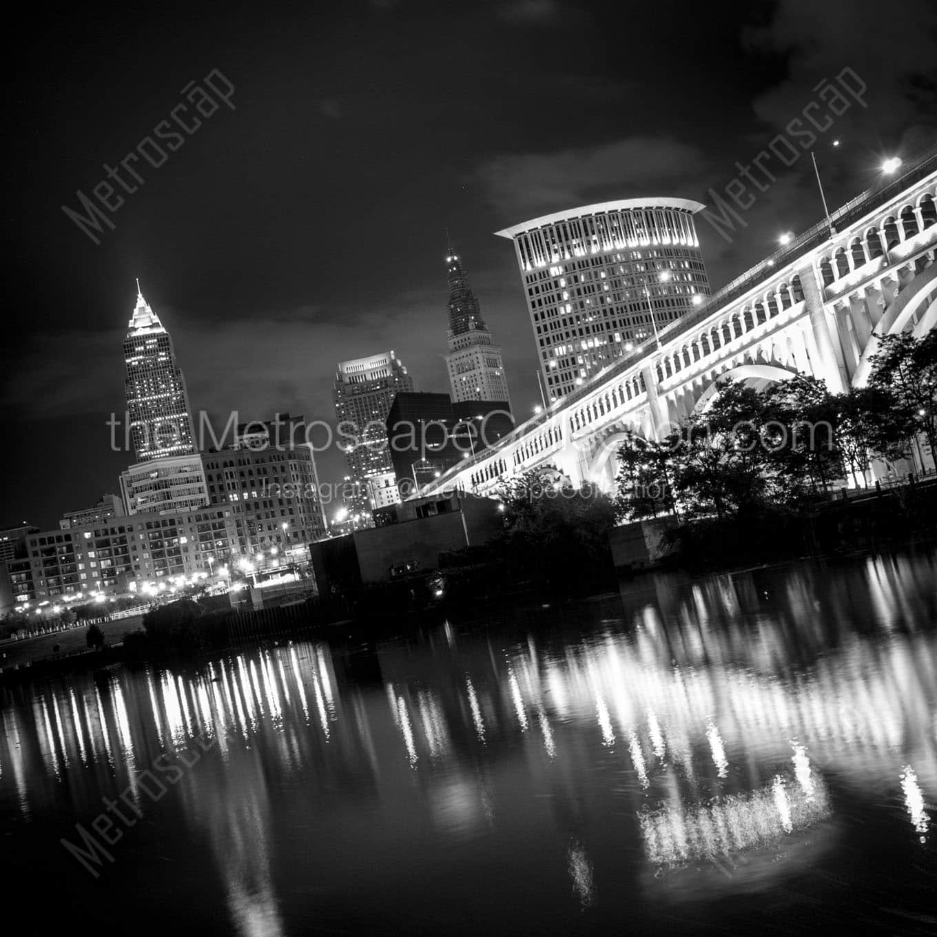 cleveland skyline at night tilted Black & White Office Art