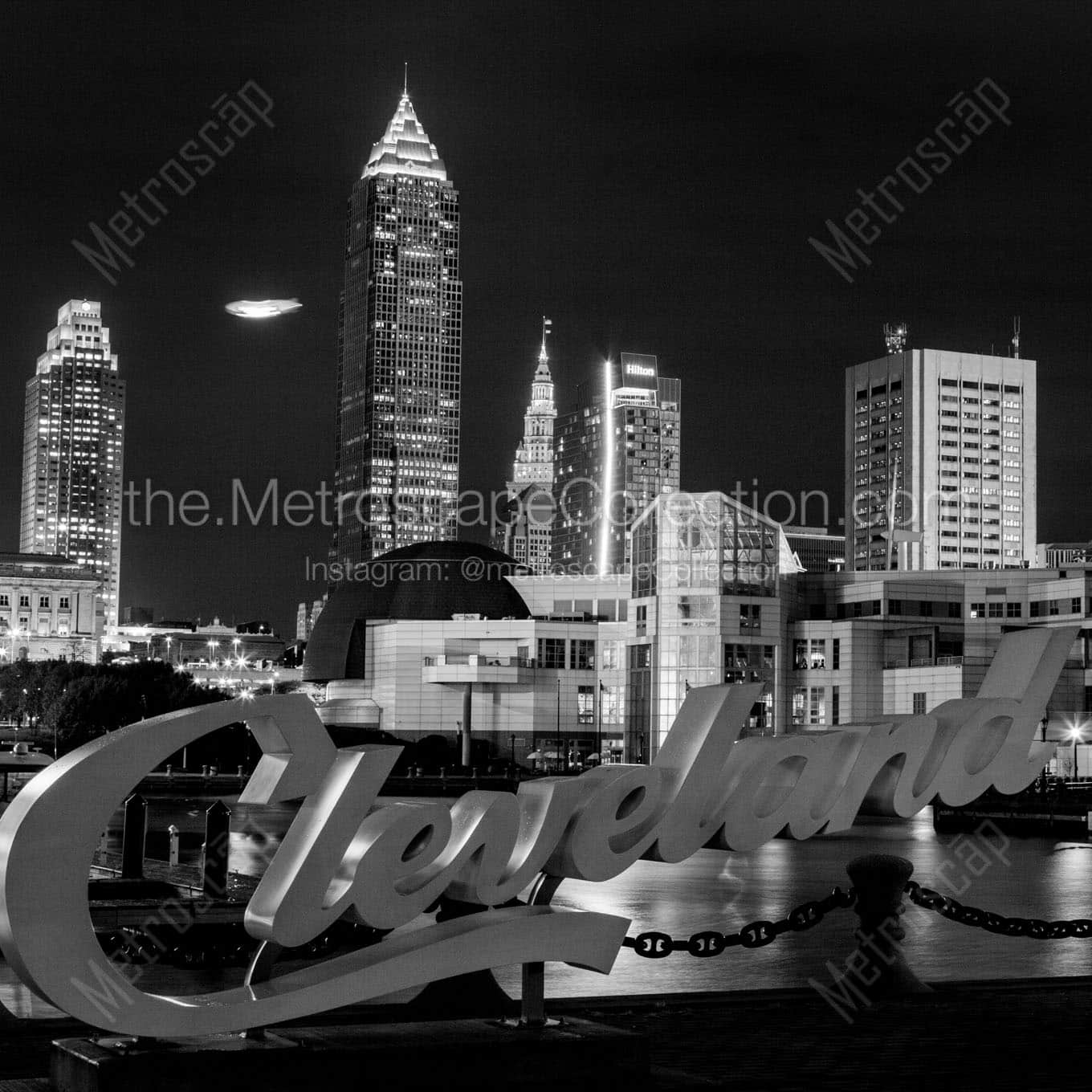 cleveland skyline cleveland sign at night Black & White Office Art