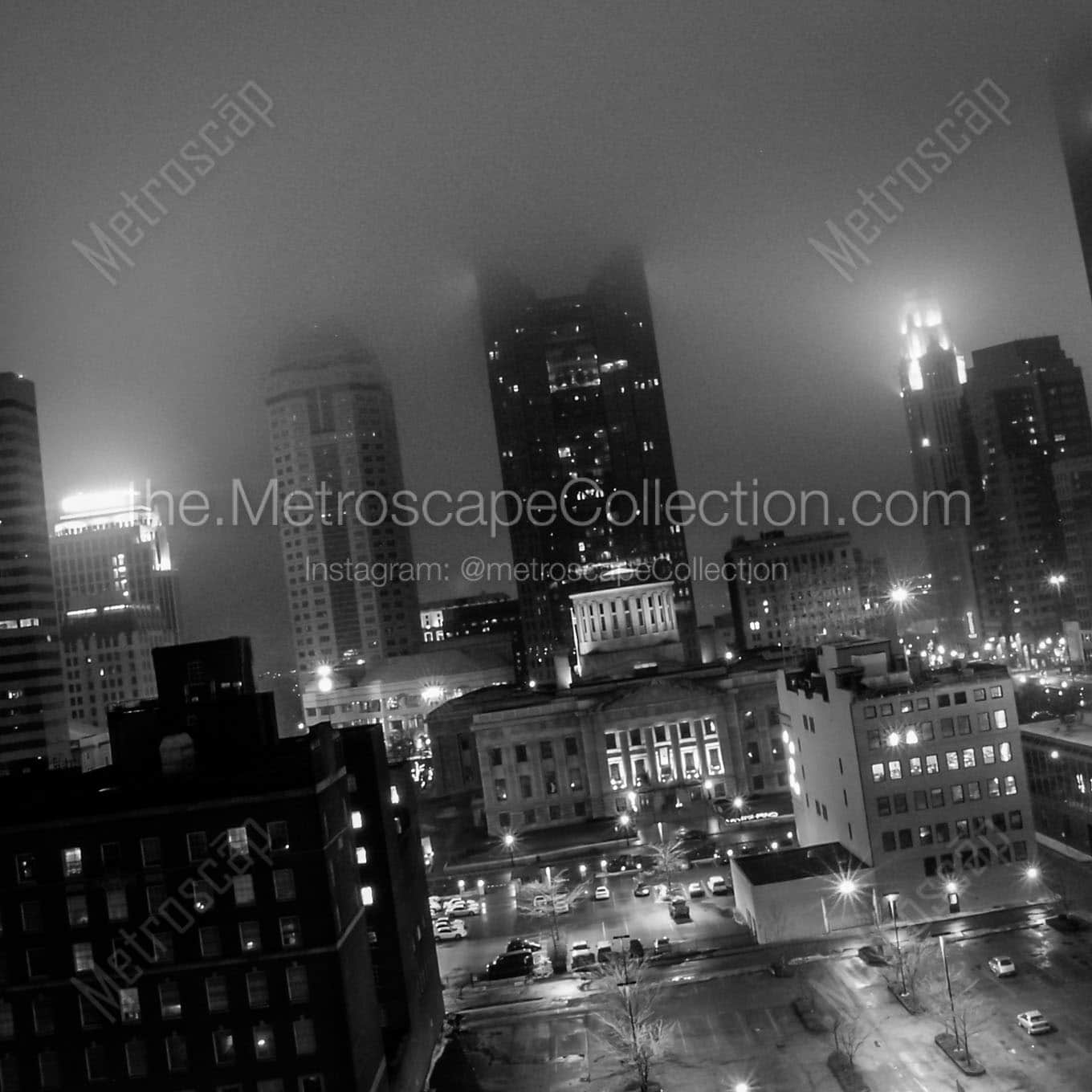 columbus skyline at night in fog Black & White Office Art