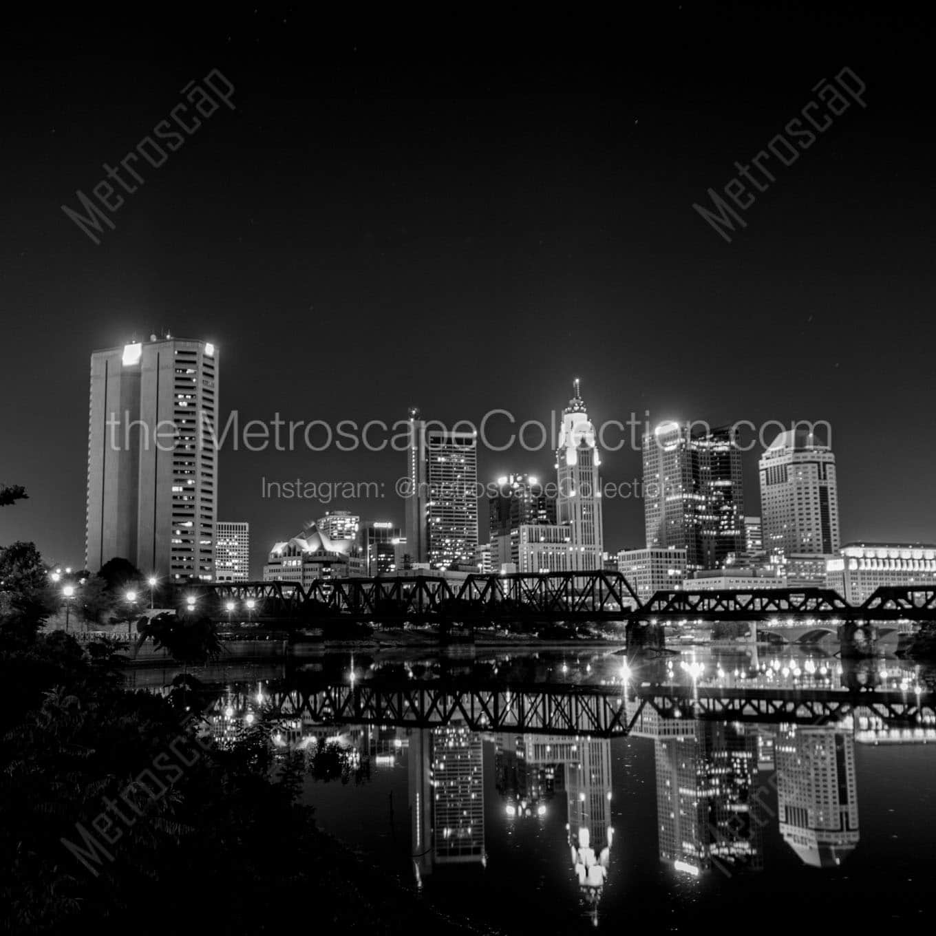 columbus skyline reflecting in scioto river at night Black & White Office Art