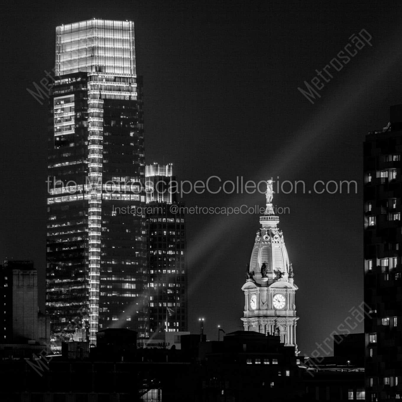 comcast tower philadelphia city hall at night Black & White Office Art