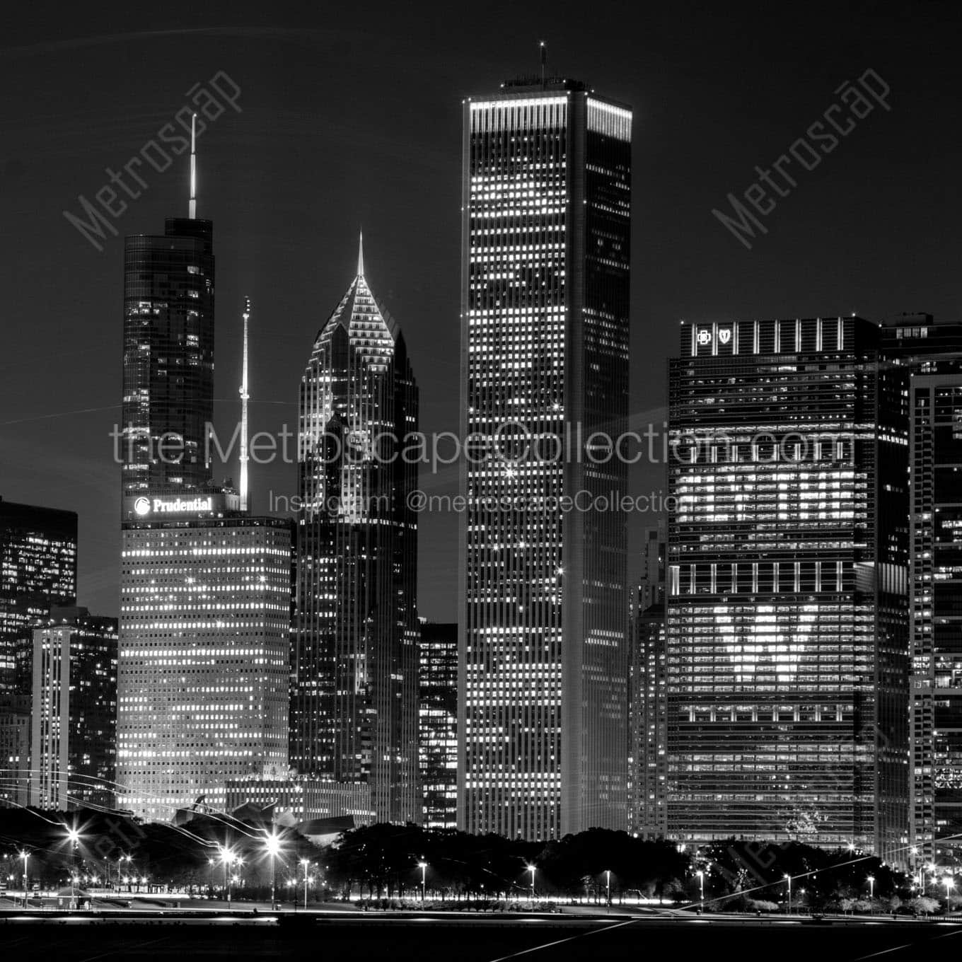 cubs fly the w chicago skyline at night Black & White Office Art