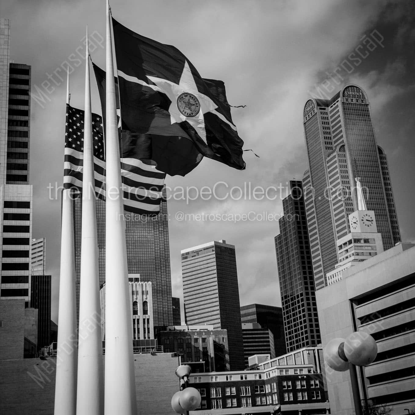 dallas texas and us flag dallas city hall Black & White Office Art