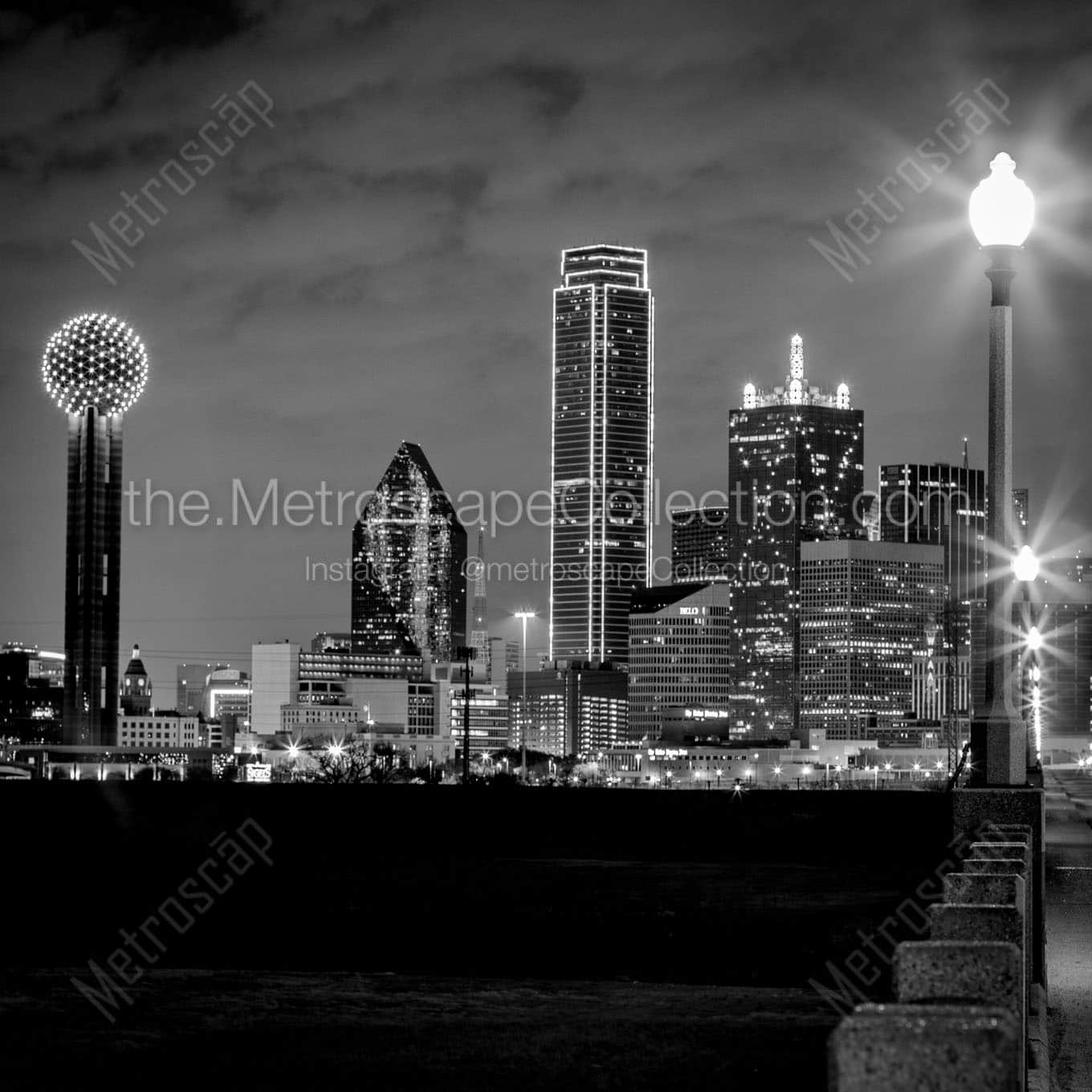 dallas texas skyline at night Black & White Office Art