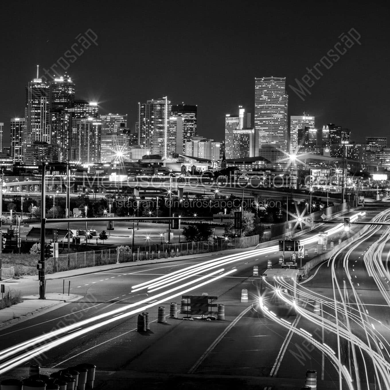 denver skyline at night colfax ave Black & White Office Art