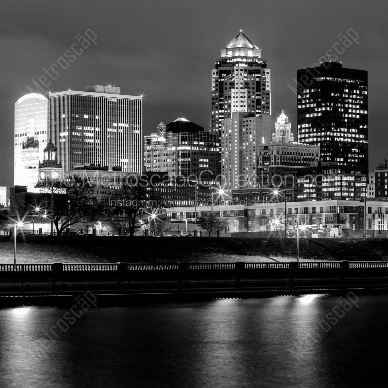 des moines iowa skyline at night Black & White Office Art