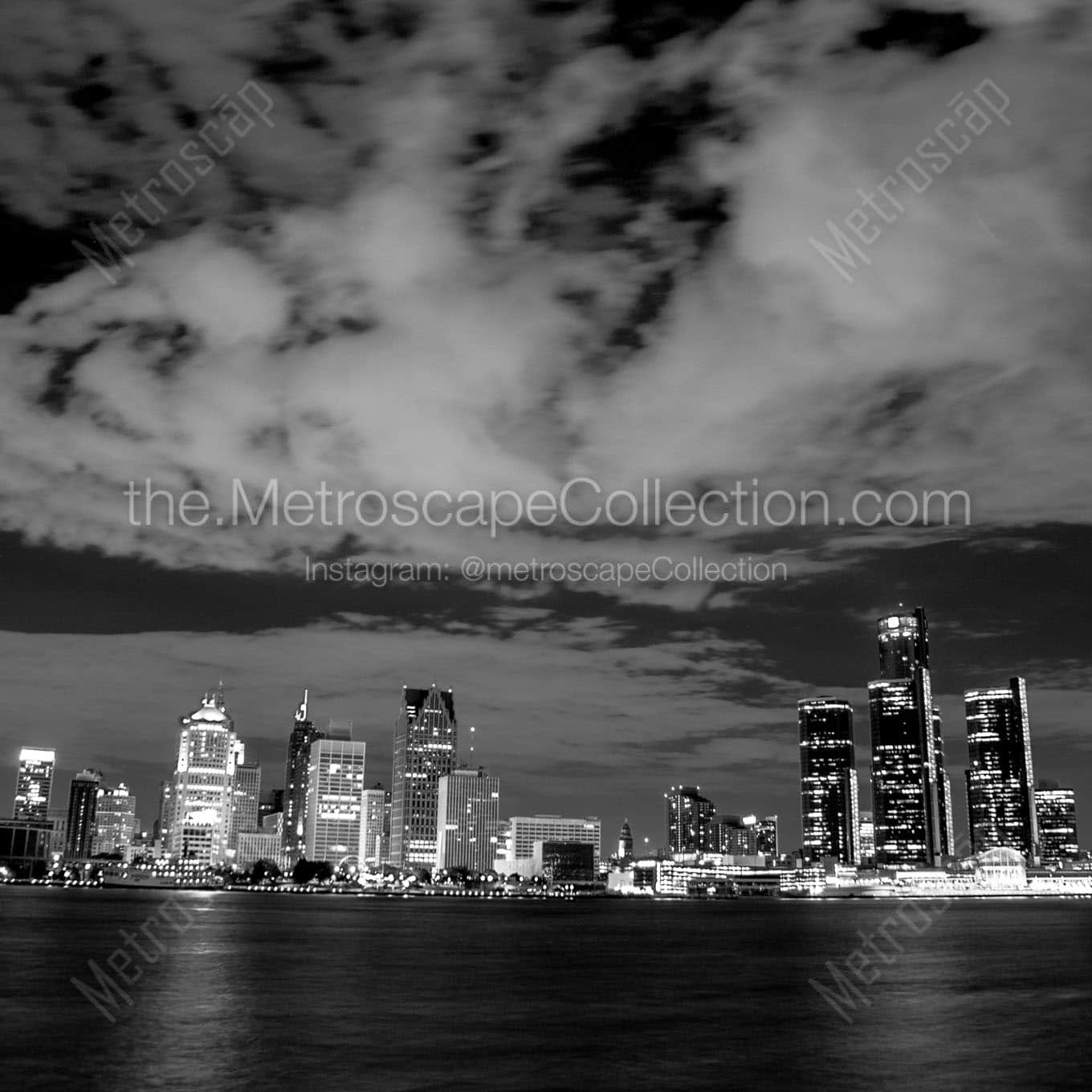 detroit skyline at night Black & White Office Art