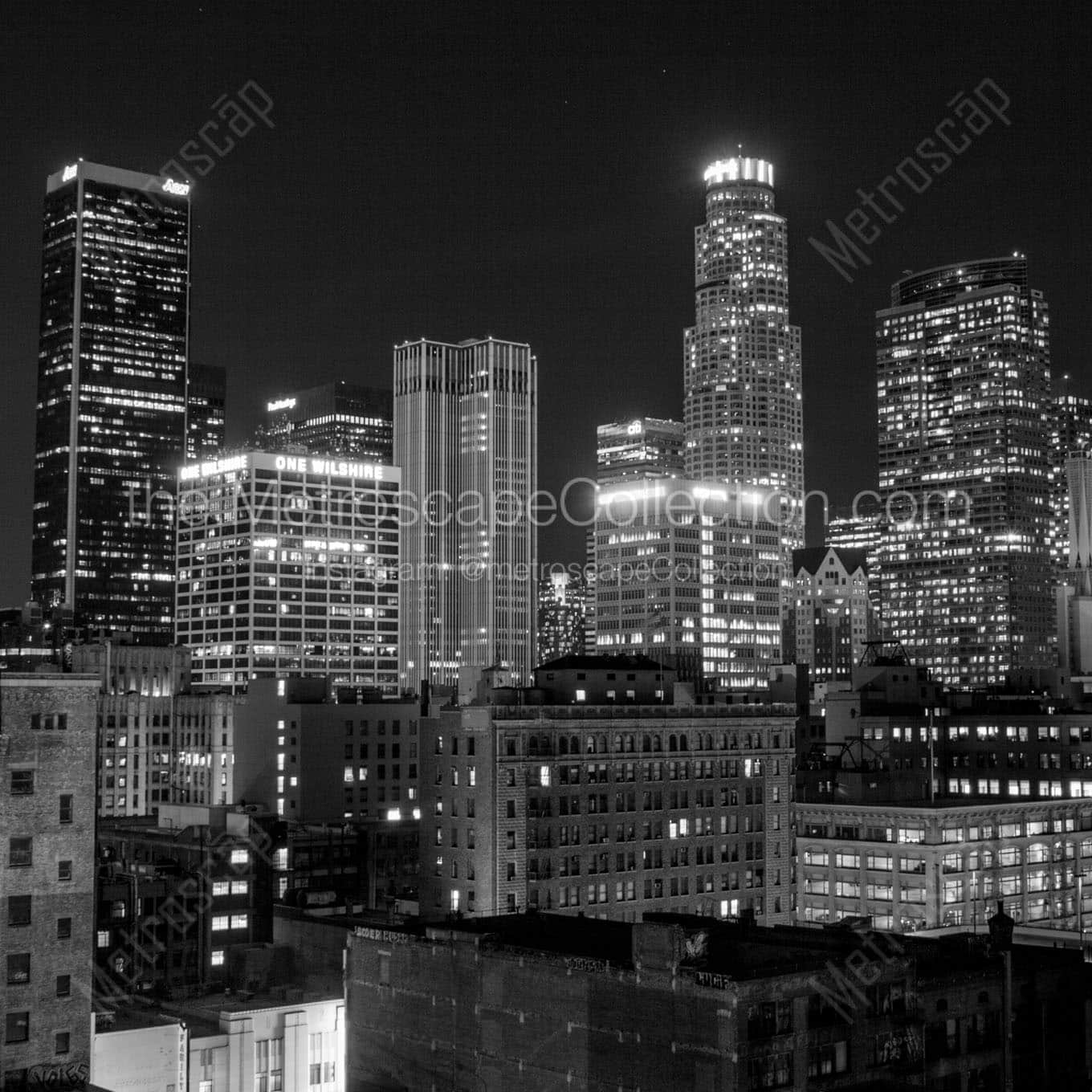 downtown la city skyline at night Black & White Office Art