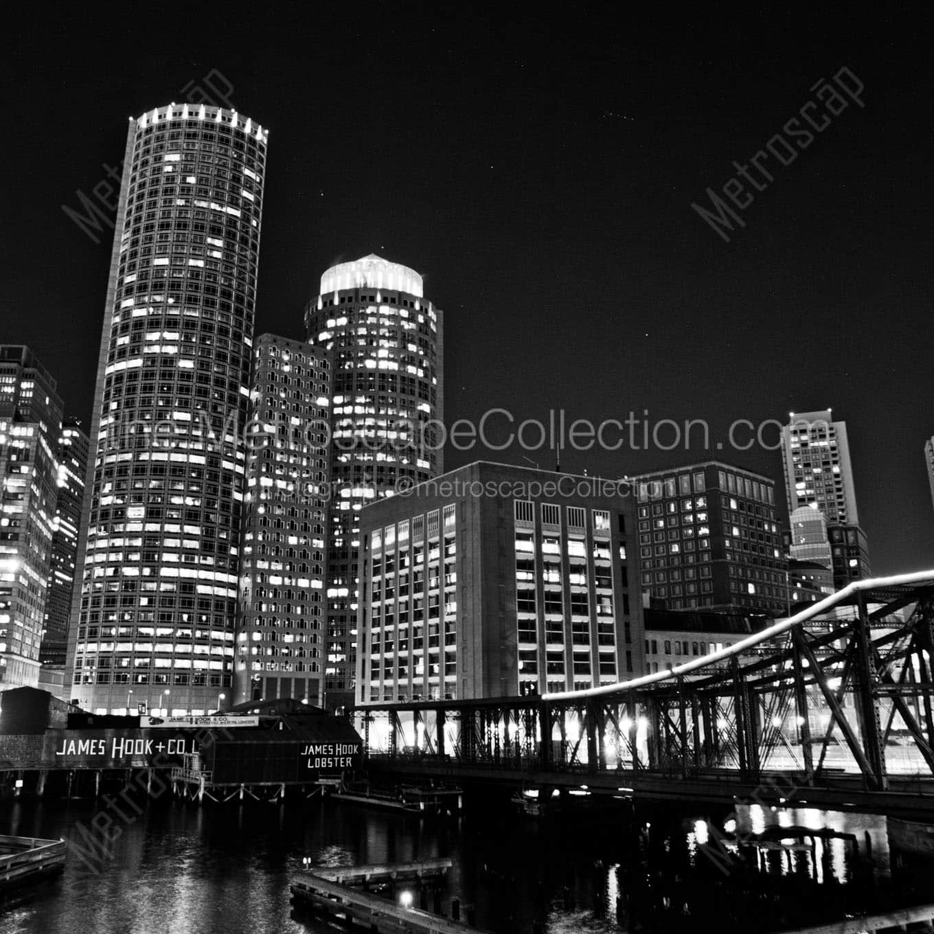 downtown boston skyline at night Black & White Office Art