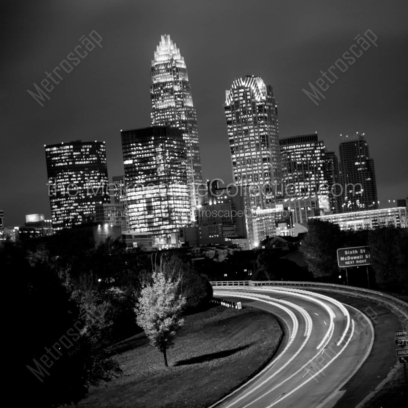 downtown charlotte city skyline at night Black & White Office Art