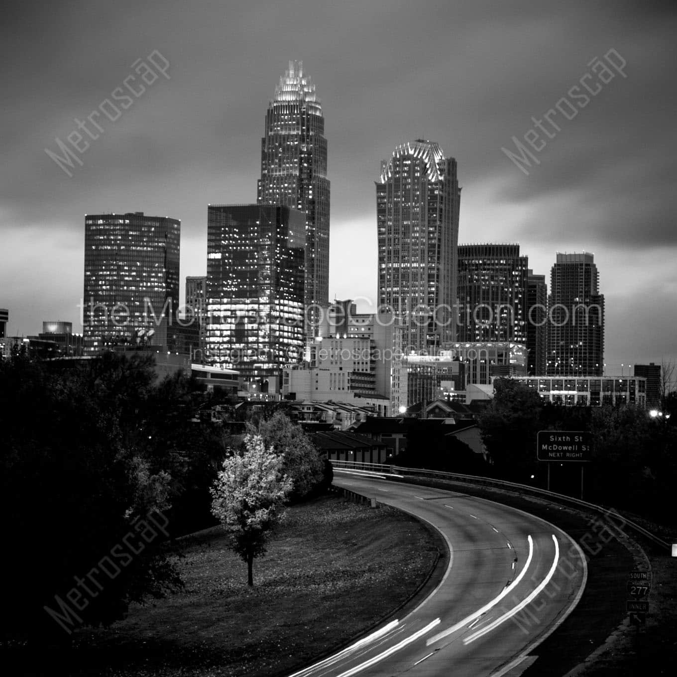 downtown charlotte skyline dusk Black & White Wall Art