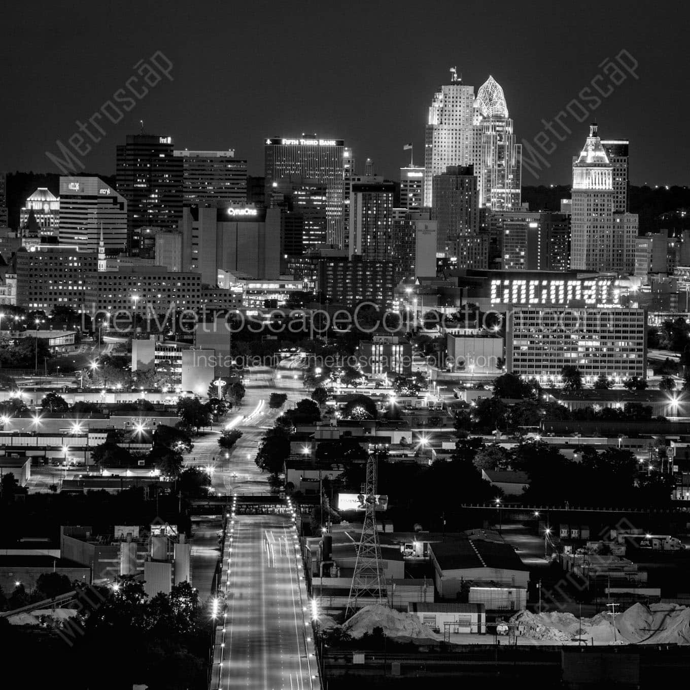 downtown cincinnati skyline incline district night Black & White Office Art