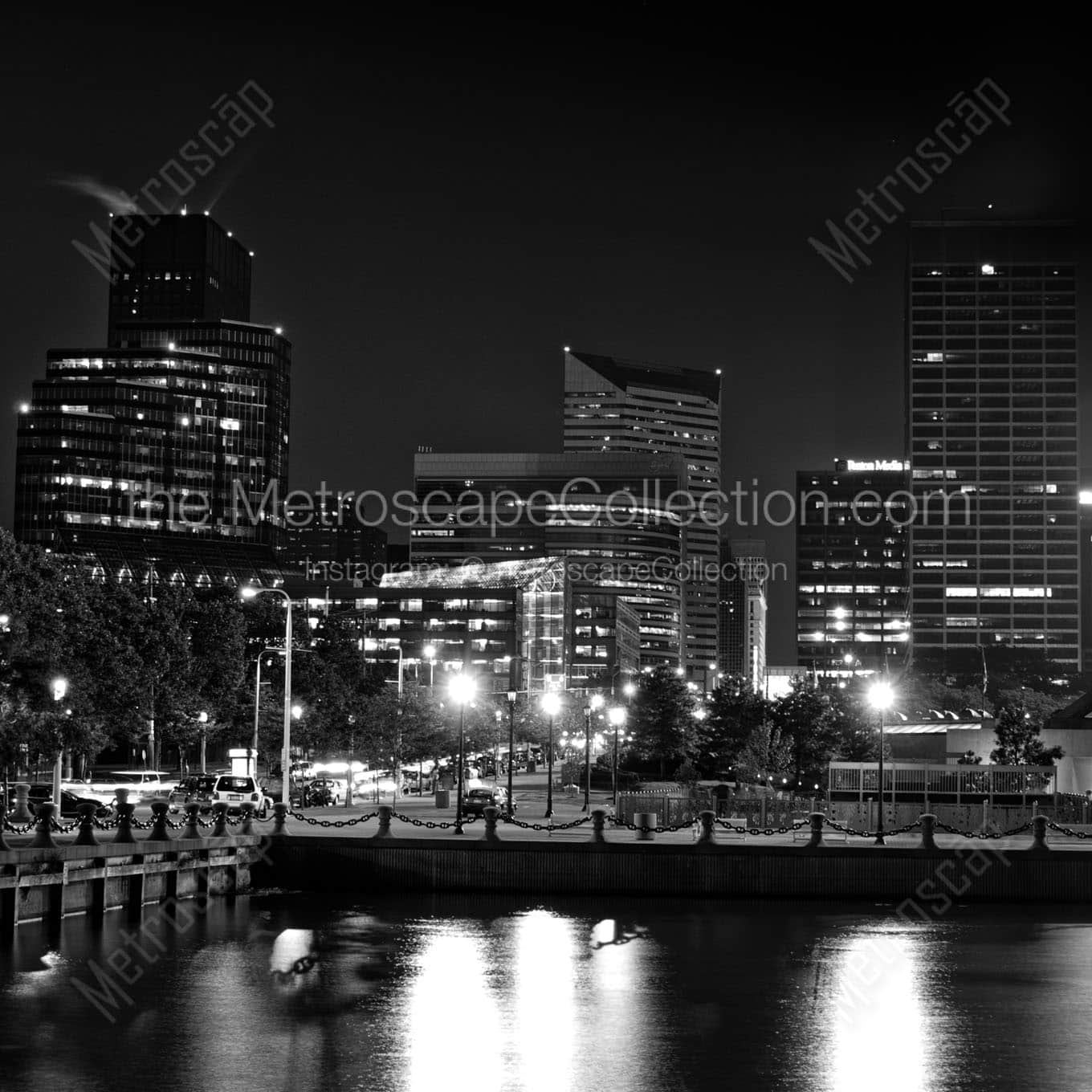 downtown cleveland at night Black & White Office Art