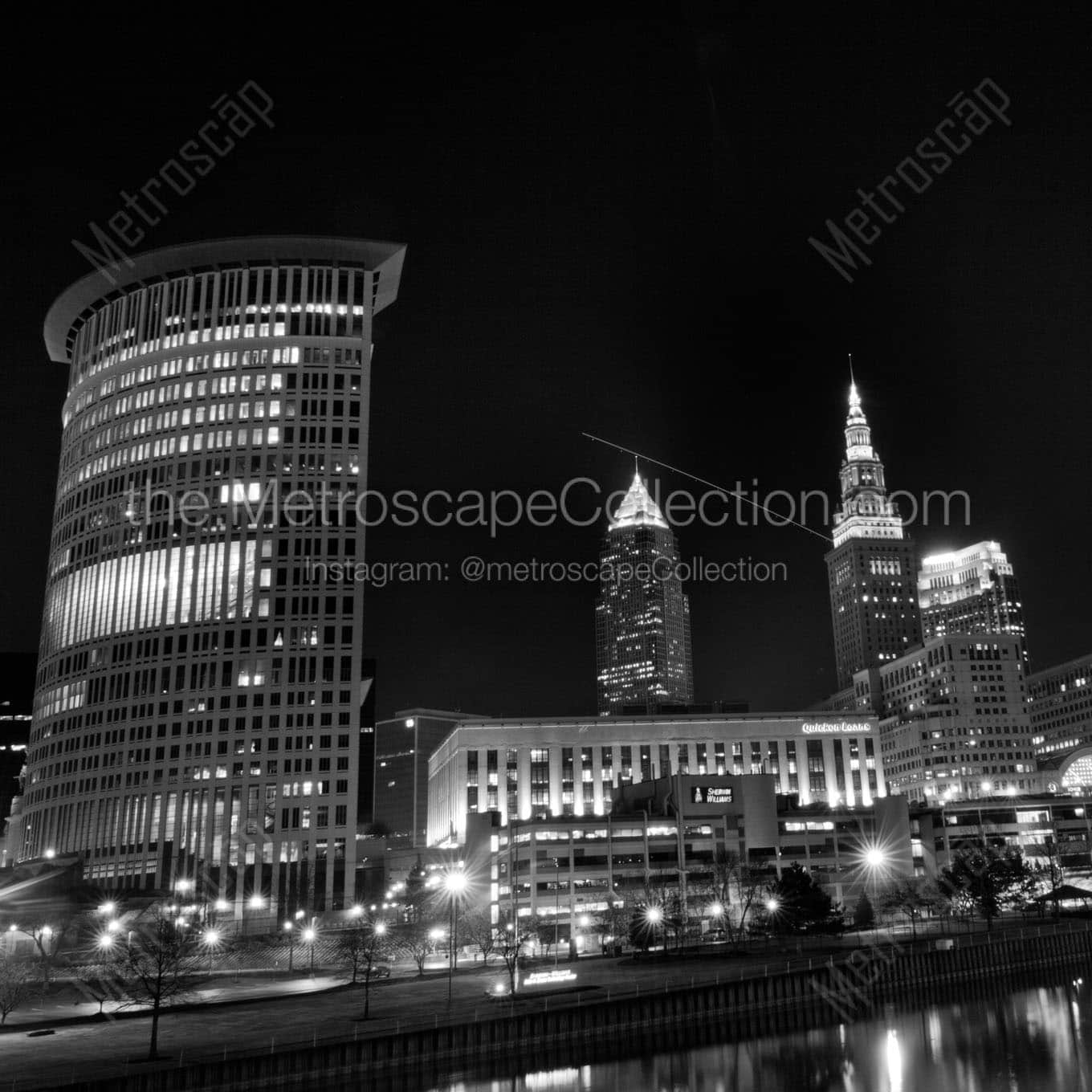 downtown cleveland ohio at night Black & White Office Art
