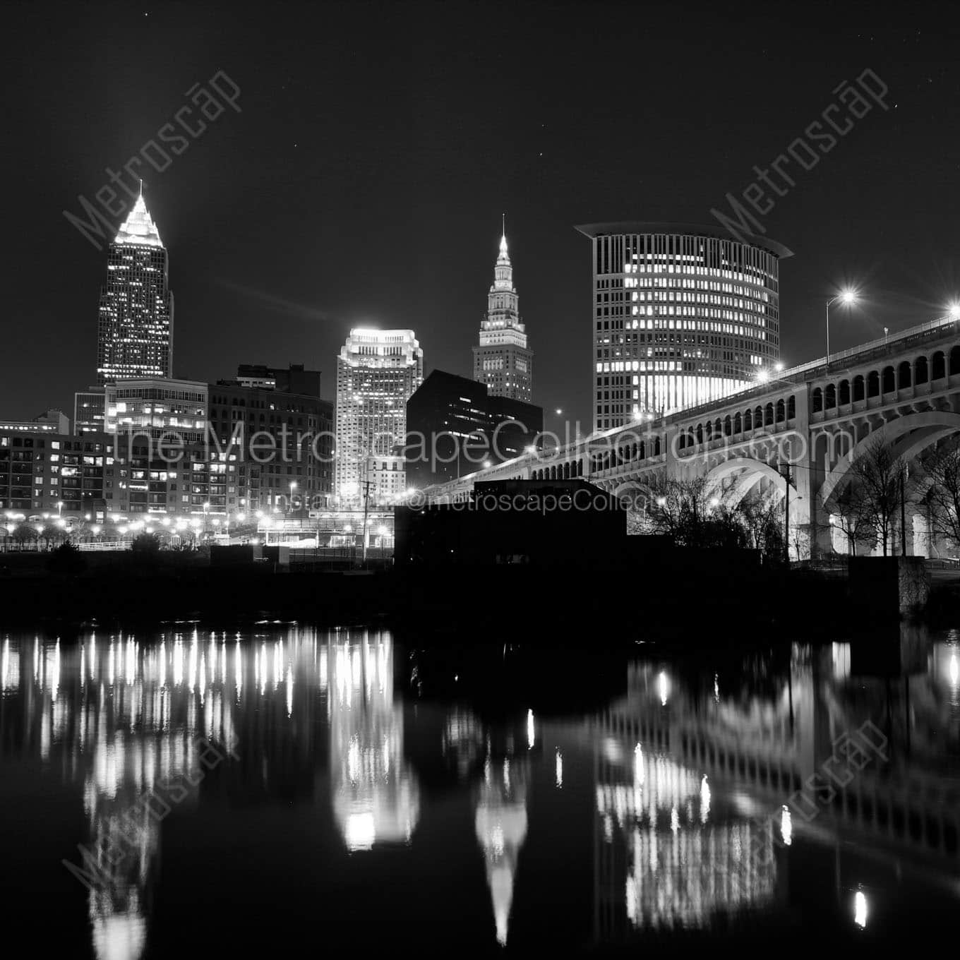 downtown cleveland skyline at night Black & White Office Art