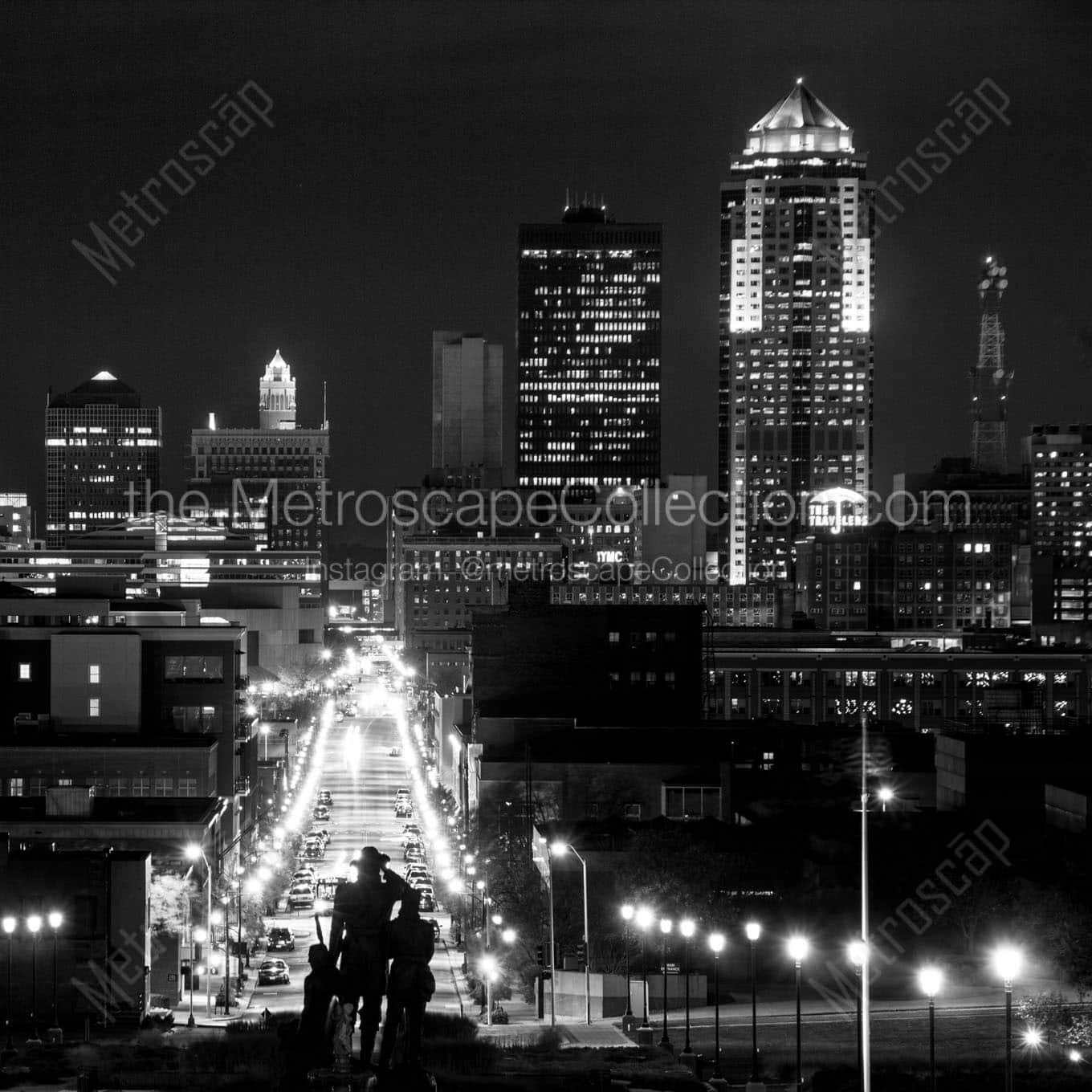 downtown des moines city skyline at night Black & White Office Art