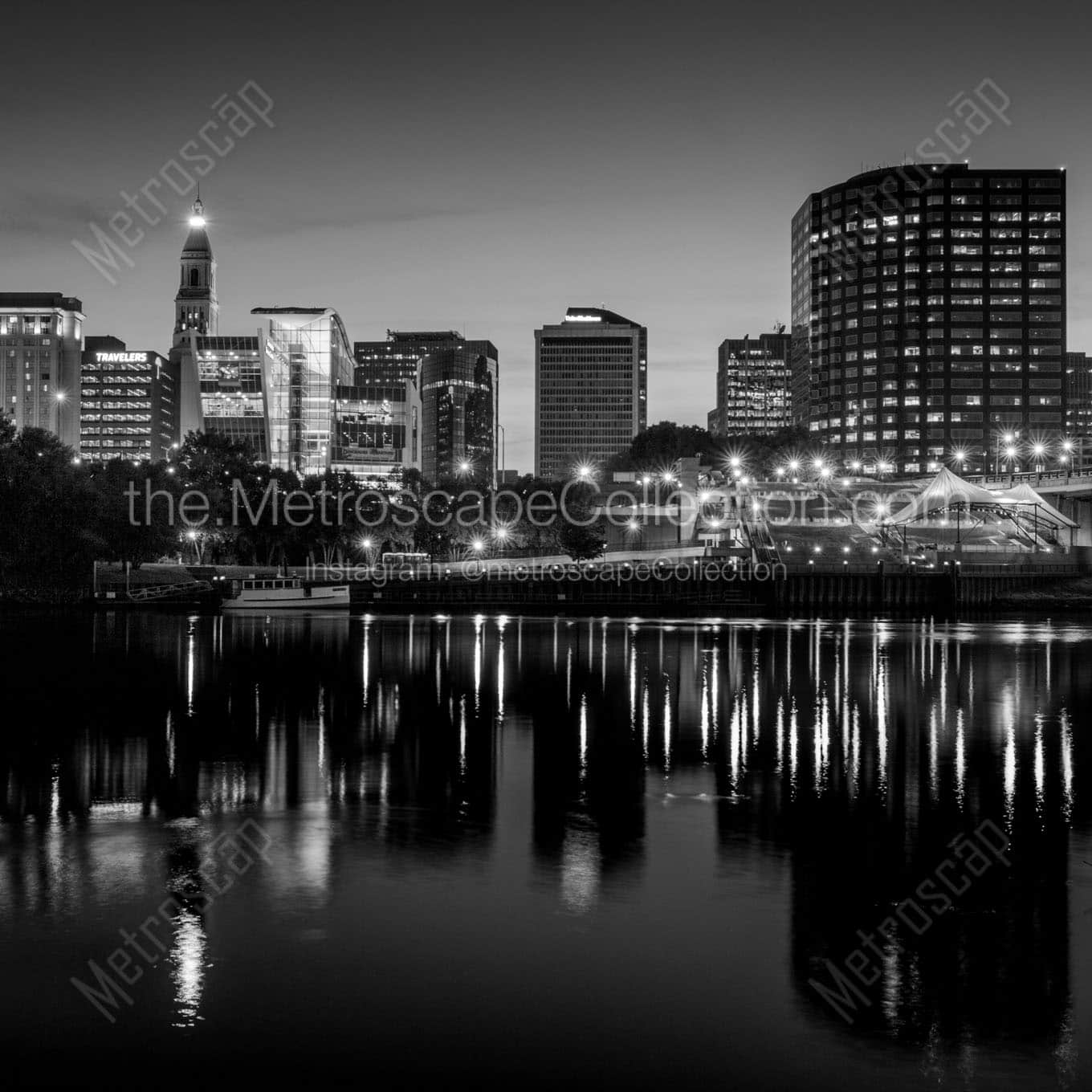 downtown hartford city skyline at night Black & White Office Art