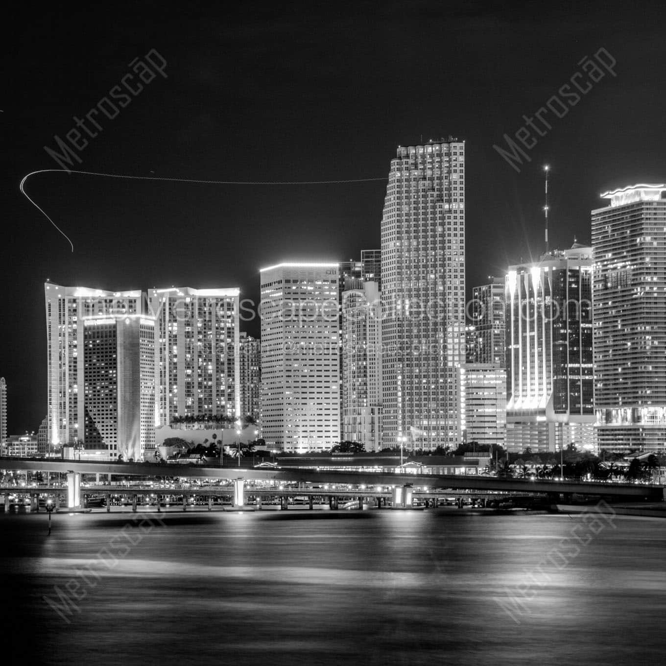 downtown miami skyline night Black & White Office Art