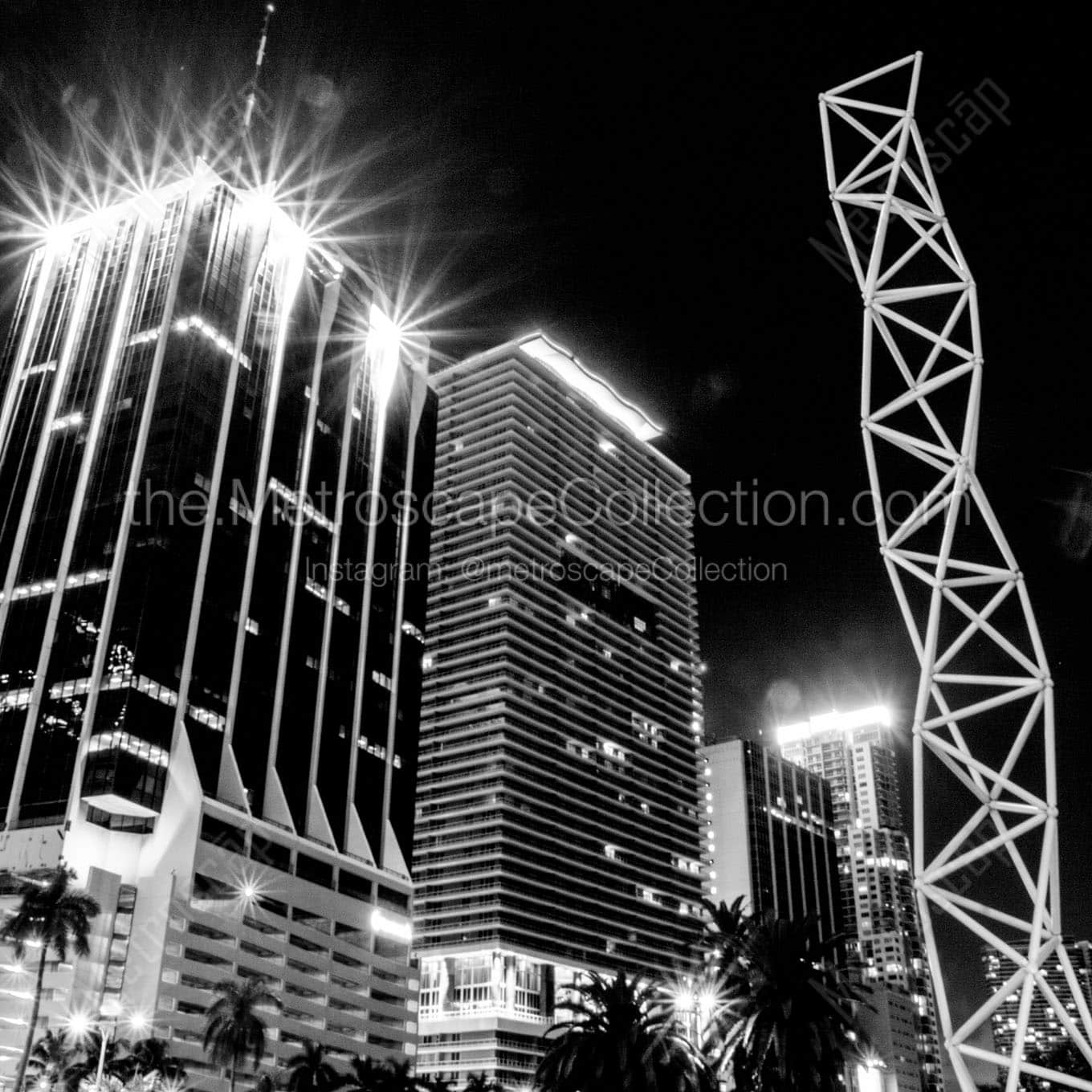 downtown miami skyscrapers night Black & White Office Art