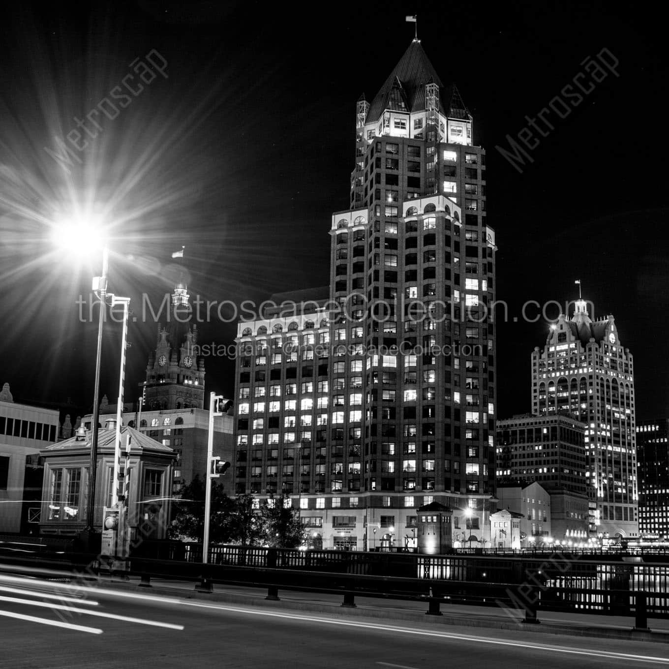 downtown milwaukee skyline and riverwalk Black & White Office Art