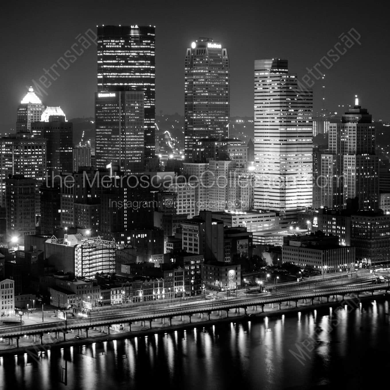 downtown pittsburgh skyline at night Black & White Office Art