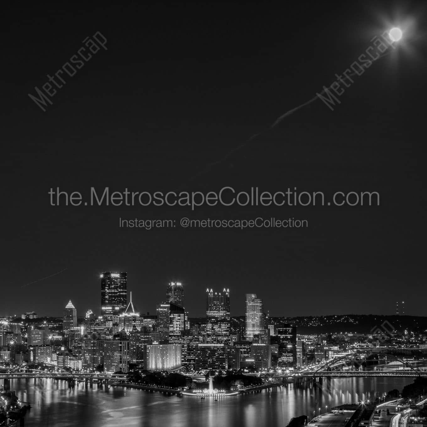 downtown pittsburgh skyline under full moon Black & White Office Art