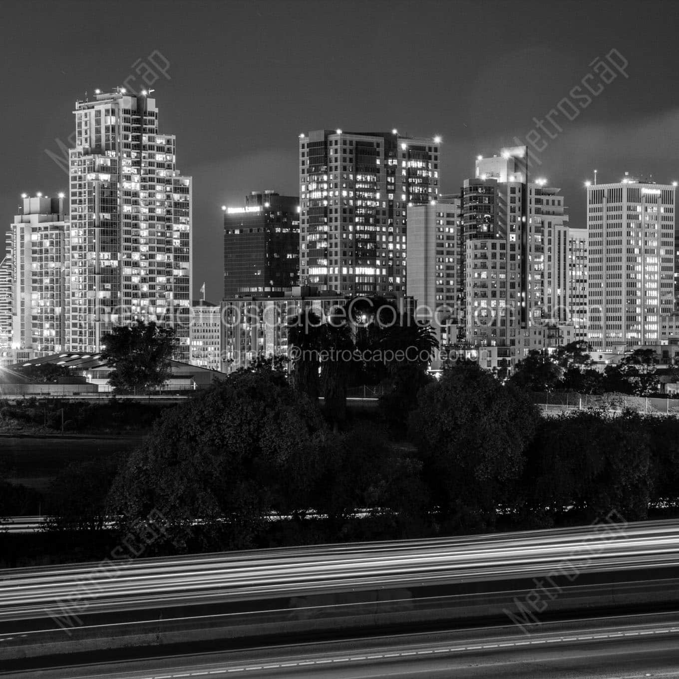 downtown san diego at night camino real freeway Black & White Office Art