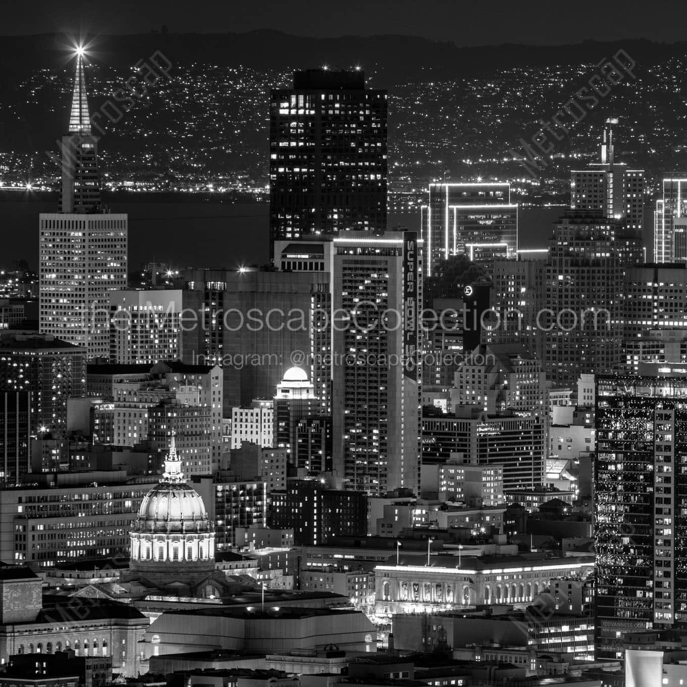 downtown san francisco skyline night Black & White Office Art