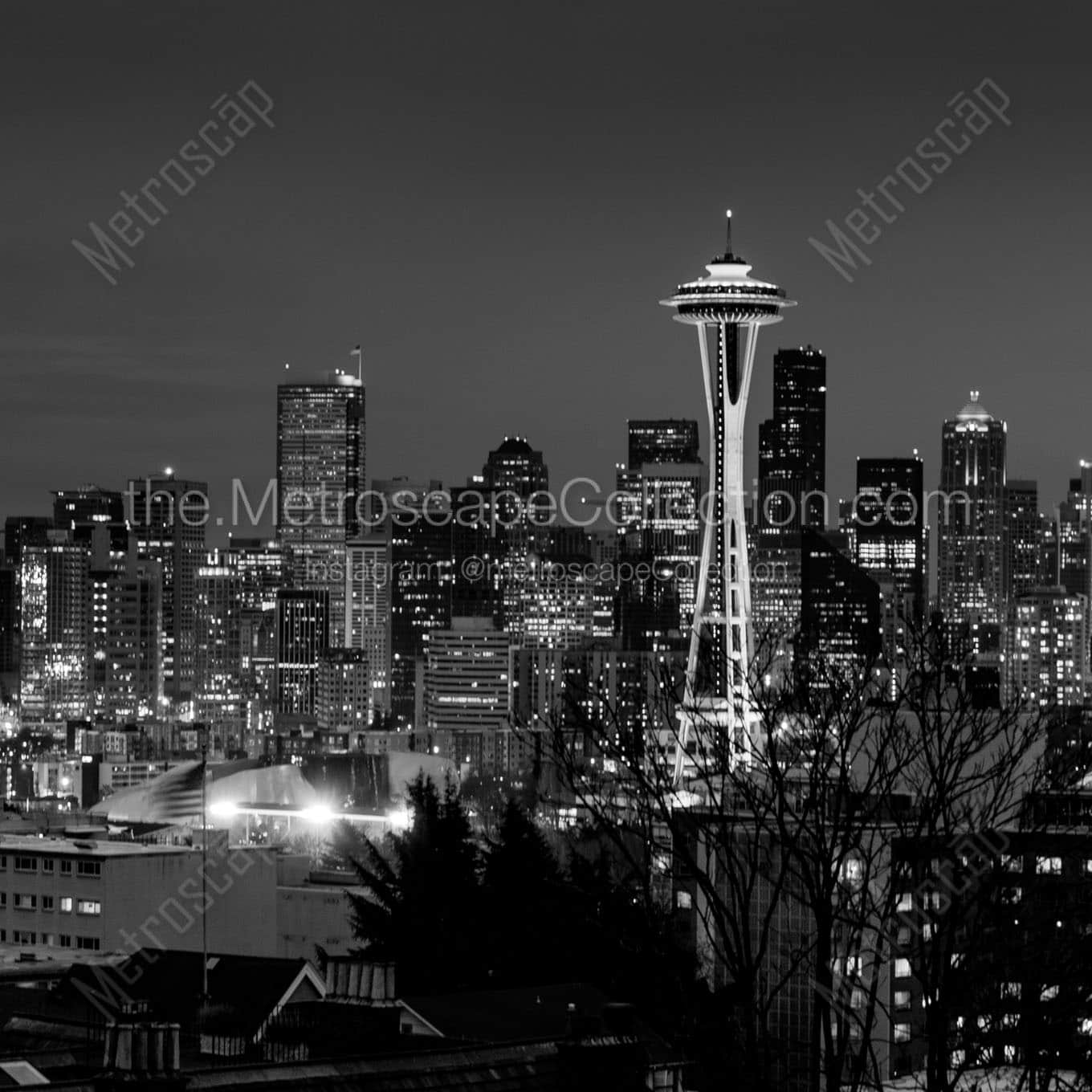 downtown seattle skyline at night Black & White Office Art