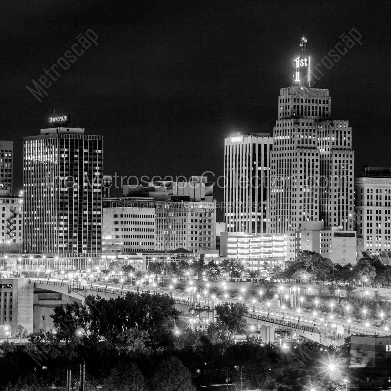 downtown st paul city skyline at night Black & White Office Art