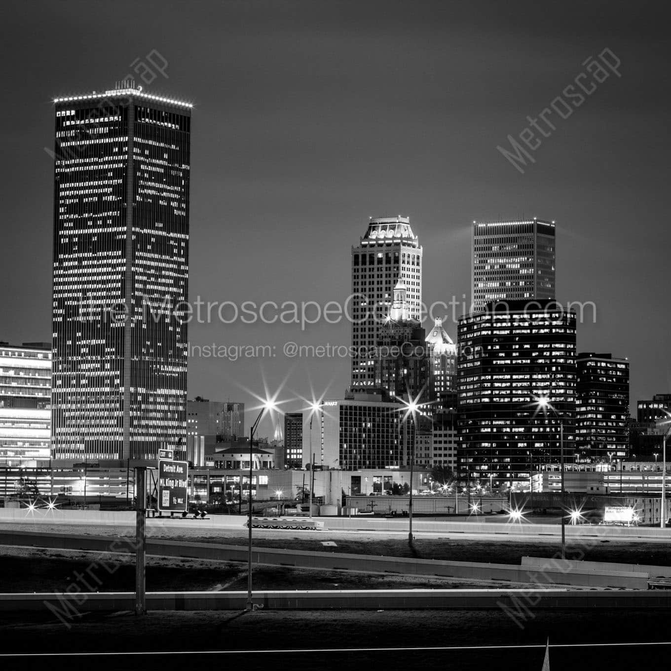 downtown tulsa oklahoma skyline at night Black & White Wall Art