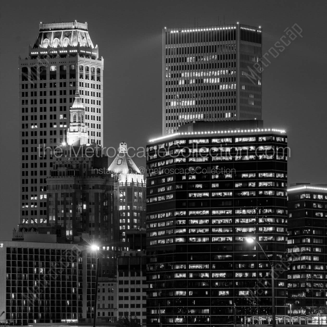 downtown tulsa skyline at night Black & White Wall Art