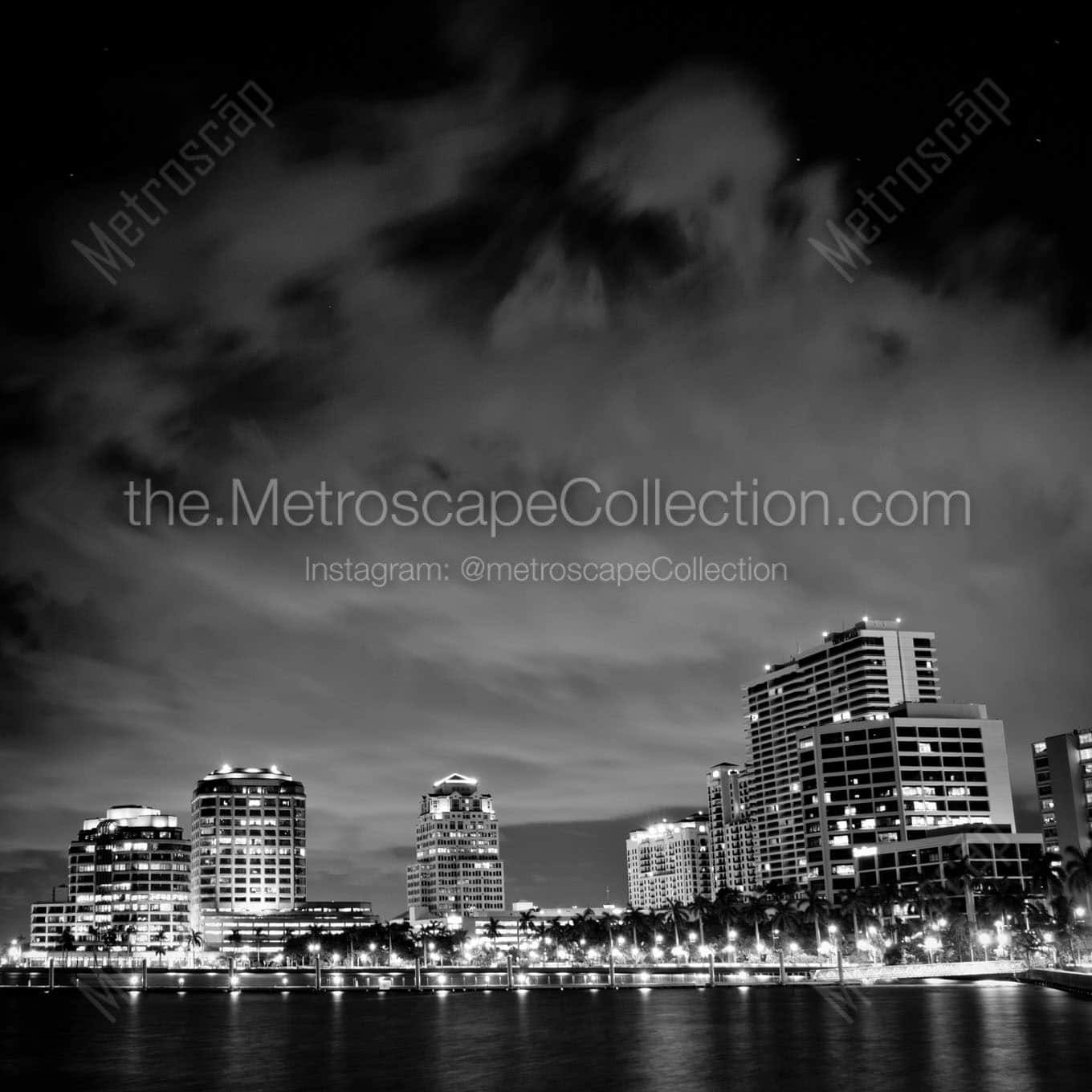 downtown west palm beach city skyline at night Black & White Office Art