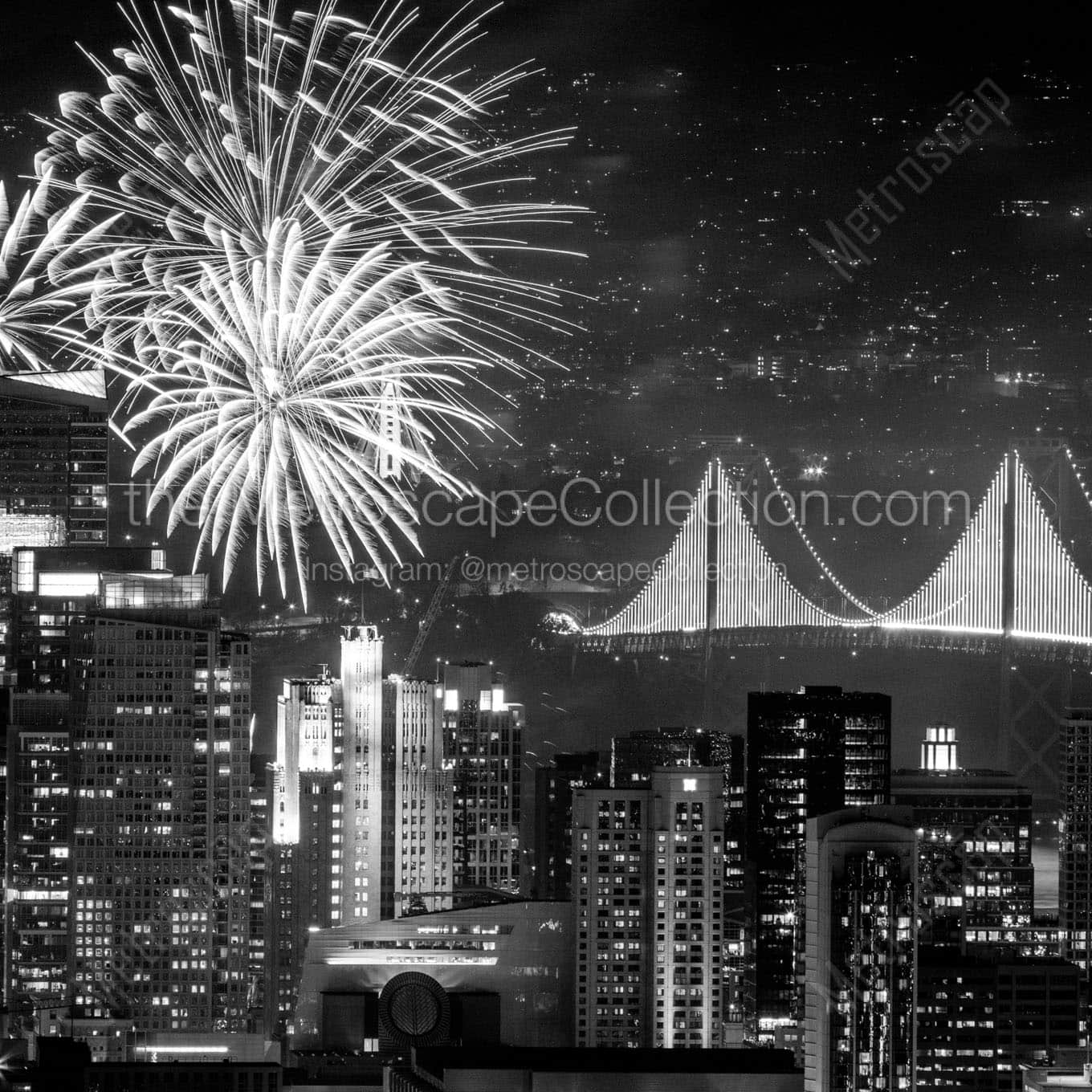 fireworks san francisco skyline bay bridge Black & White Office Art
