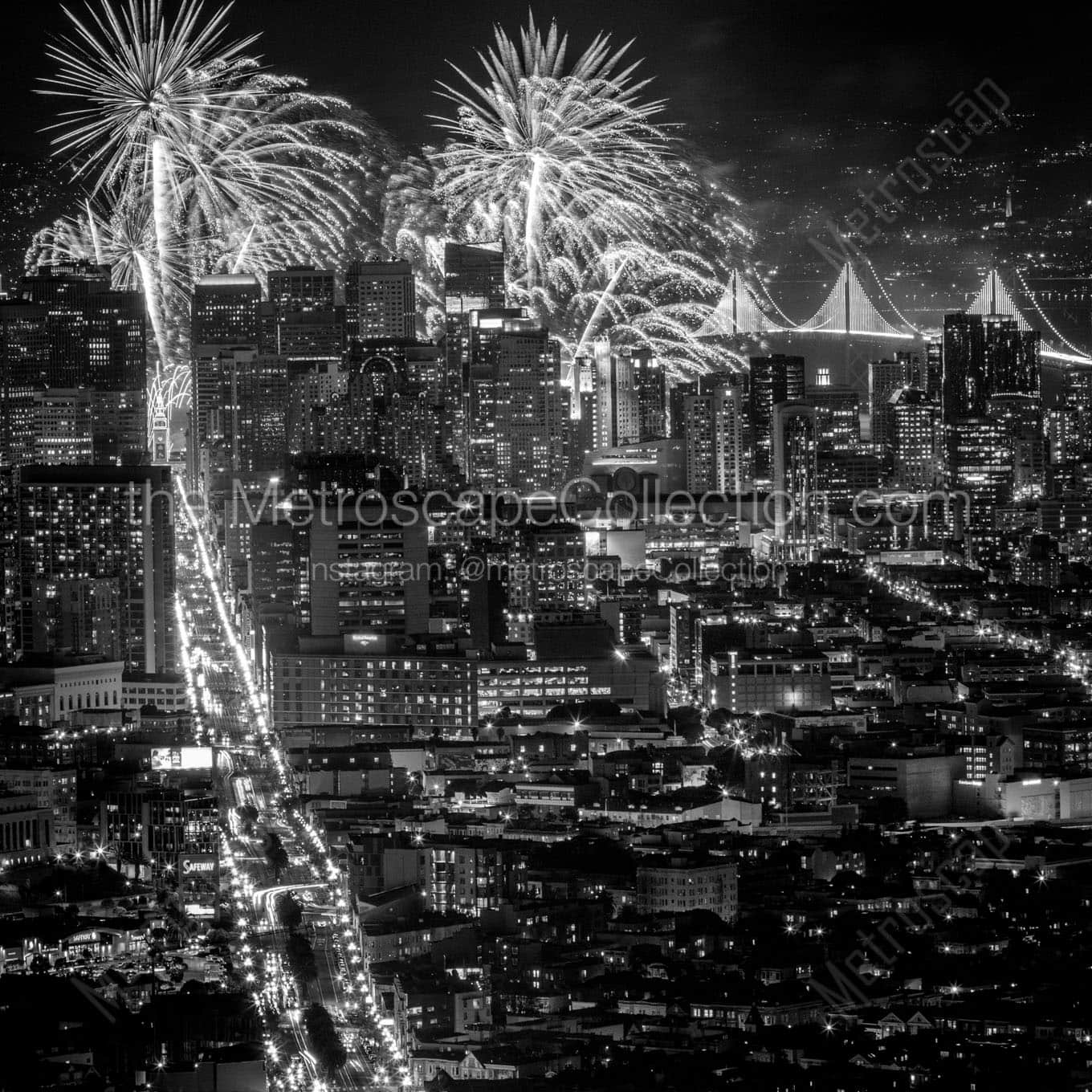 fireworks san francisco skyline night Black & White Office Art