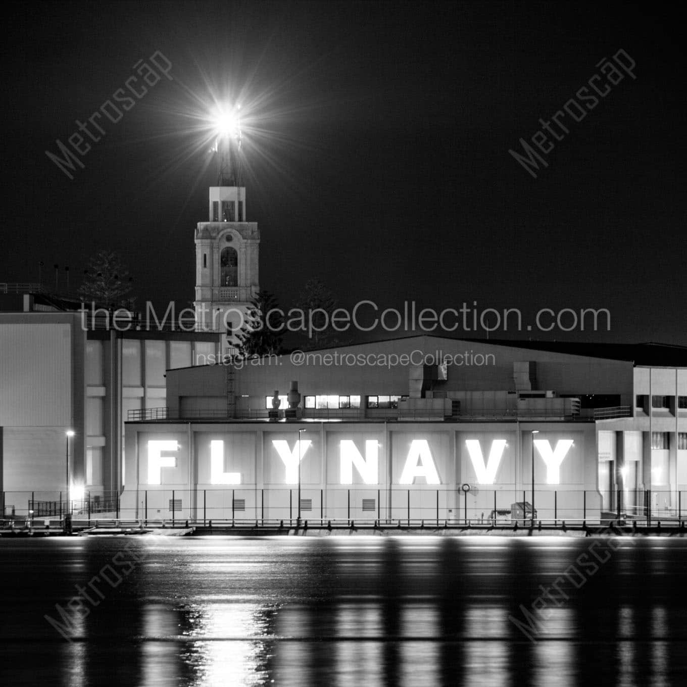 fly navy sign san diego harbor at night Black & White Office Art