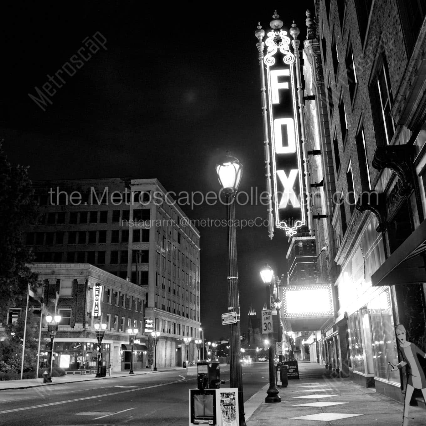 fox theater grand ave at night Black & White Office Art